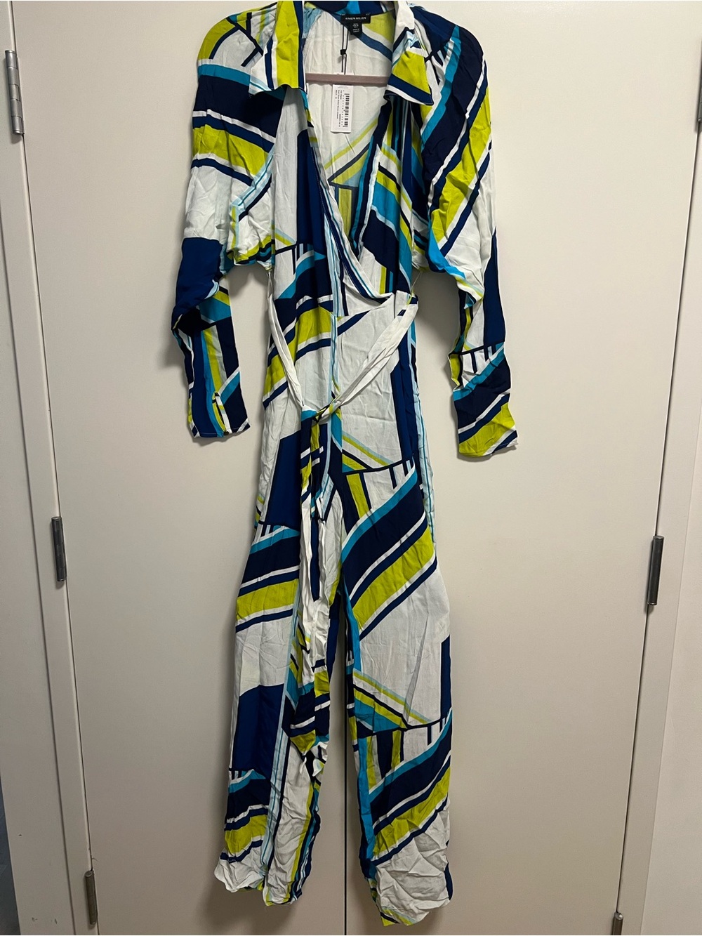 Karen Millen Striped Wrap Jumpsuit Dress - Navy, Lime & White